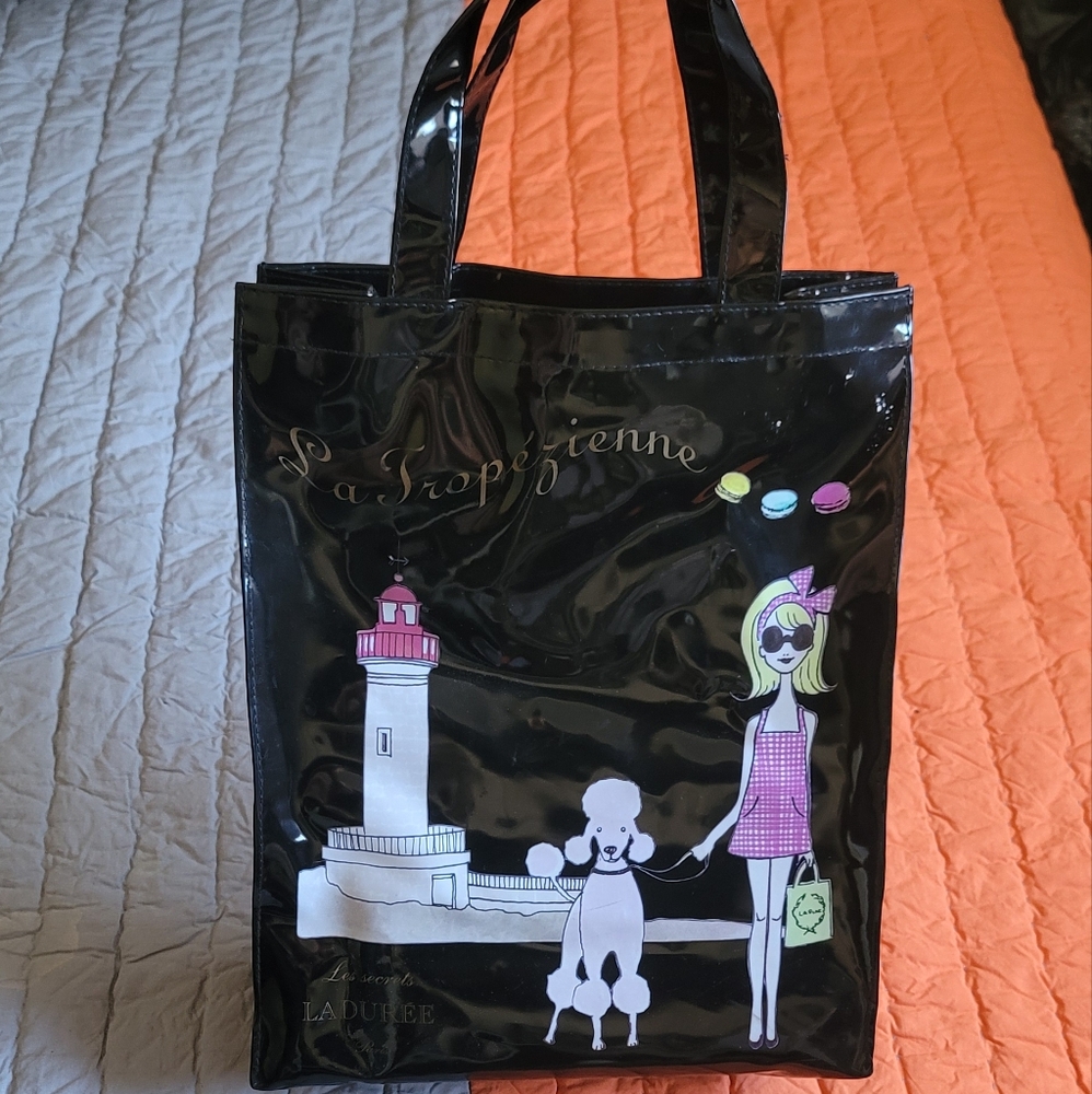 Rare Laduree Paris Black La Tropeziene Patent Tote Bag